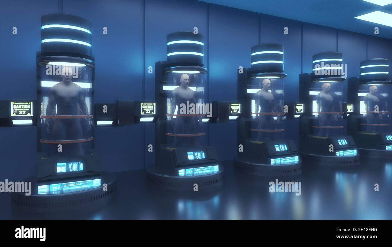Rendering 3D. Figure umanoidi e scena sicifi Foto Stock