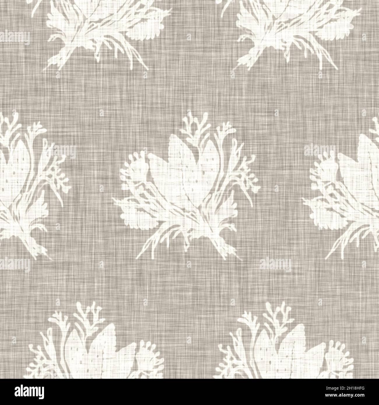 Tessuto di lino con motivo floreale grigio disegnato a mano. Capricci da giardino senza cuciture. Moderna primavera doodle floreale natura tessuto per arredamento casa. Botanico Foto Stock