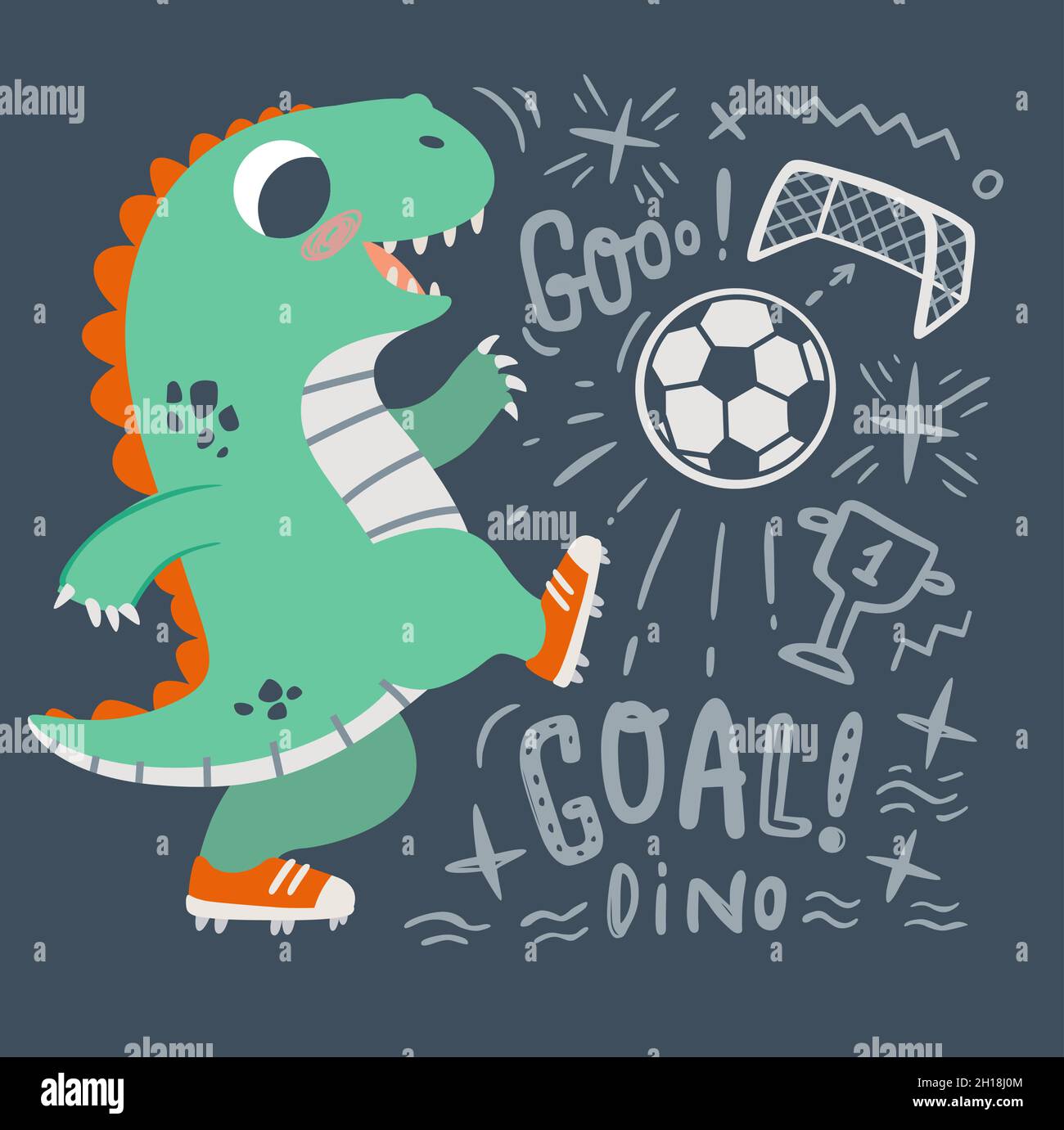 Il piccolo dinosauro carino gioca a Soccer. Dino gioca con la palla su sfondo scuro illustrazione vettoriale. Ideale per biglietti, poster, stampe, anniversario, asilo nido Illustrazione Vettoriale