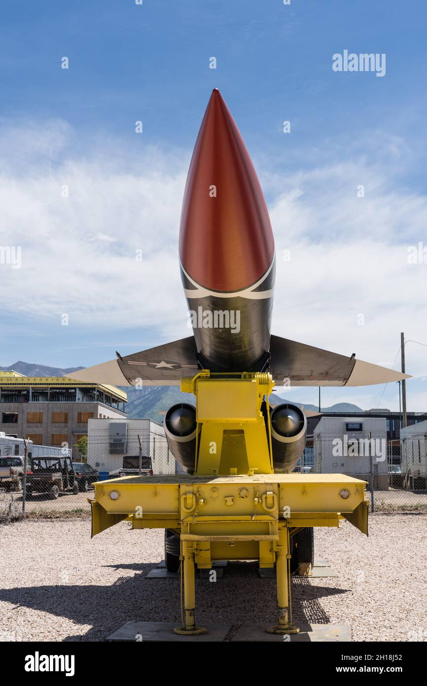 Un missile Boeing CIM-10 Bomark supersonico antiaereo a lungo raggio superficie-aria nel museo aerospaziale di Hill. Foto Stock