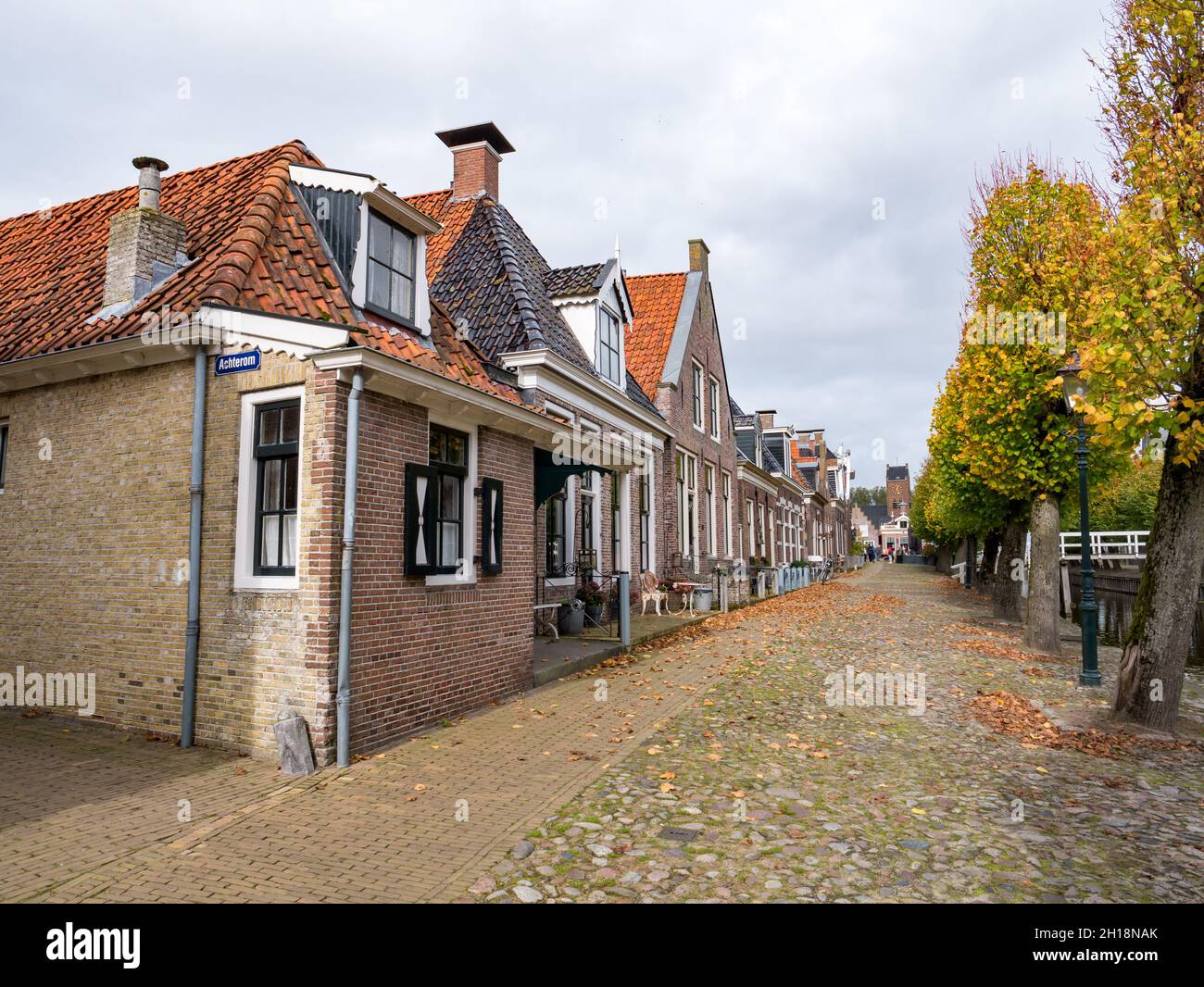 Alberato molo Voorstreek e case a schiera nella città di Sloten, Sleat, in Friesland, Paesi Bassi Foto Stock