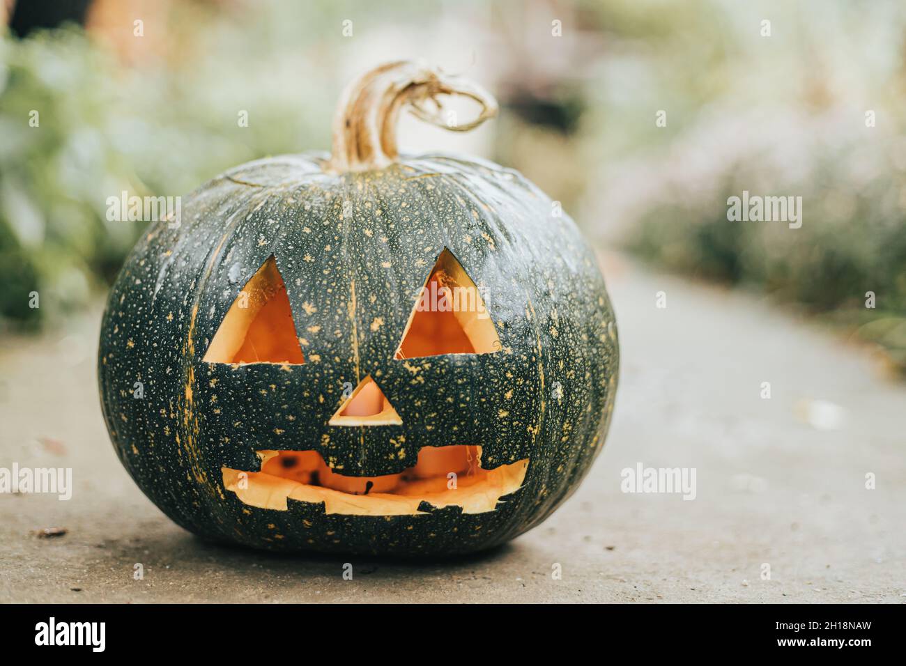 Primo piano di zucca scolpita. Concetto di decorazione di Halloween Foto Stock