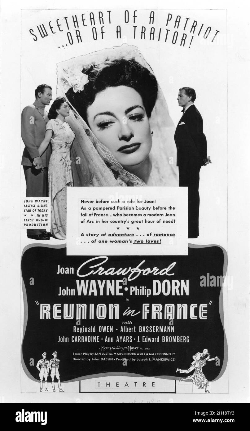 JOAN CRAWFORD JOHN WAYNE e PHILIP DORN in REUNION IN FRANCIA 1942 regista JULES DASSIN musica Franz Waxman produttore Joseph L. Manckiewicz Metro Goldwyn Mayer Foto Stock