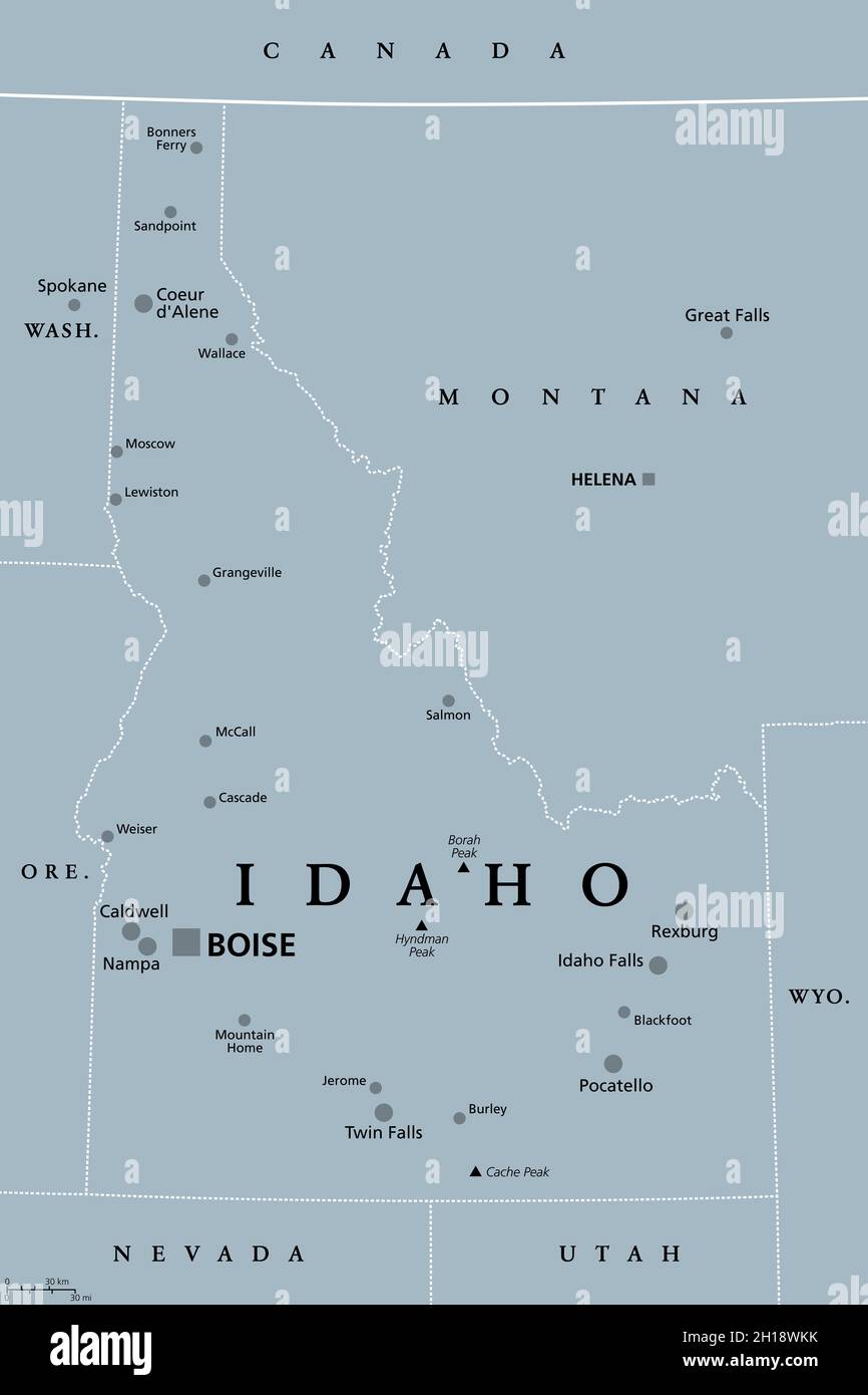 Idaho, ID, mappa politica grigia con la capitale Boise, confini, città importanti, fiumi e laghi. Nella regione del Pacifico nord-occidentale degli Stati Uniti. Foto Stock