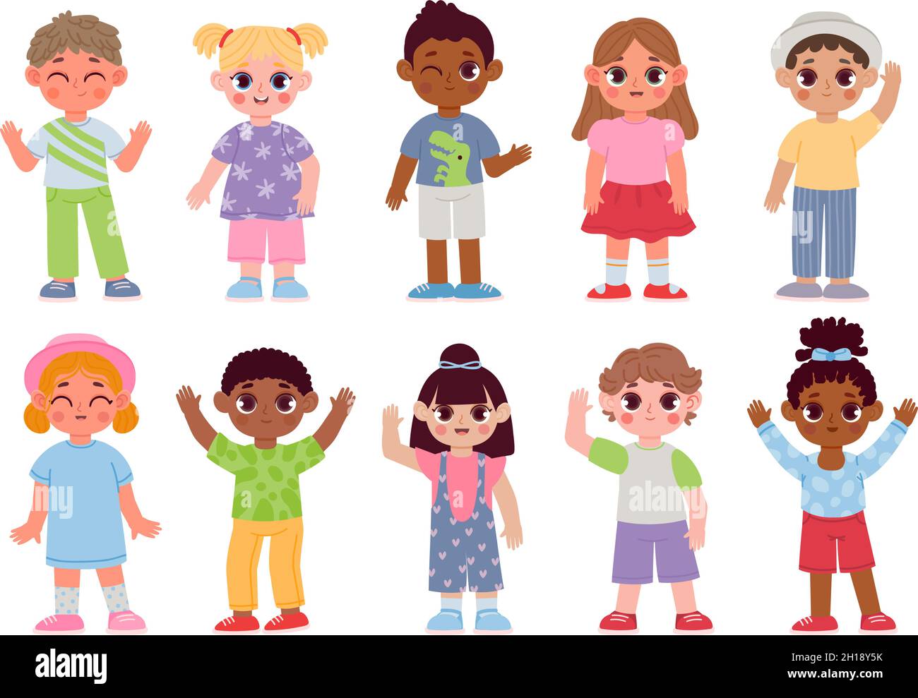 Felici personaggi diversi bambini che agitano le mani e il saluto. Cartone animato bambini ragazzi e ragazze con gesti di ciao o ciao. Set di vettori per studenti piatti Illustrazione Vettoriale