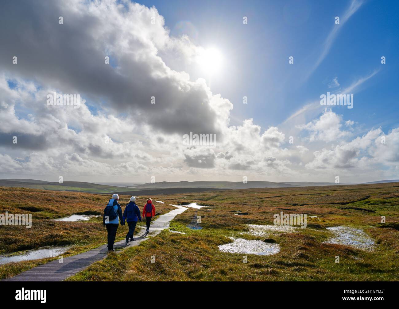 Camminatori che camminano su un sentiero nella riserva naturale nazionale di Hermaness, Unst, Shetland, Isole Shetland, Scozia, REGNO UNITO Foto Stock