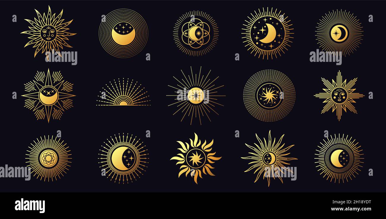 Luna, sole e stelle, elementi celesti della linea boho. Eleganti simboli mistici d'oro astrologia. Tatuaggio yoga minimalista e set vettoriale con logo Illustrazione Vettoriale