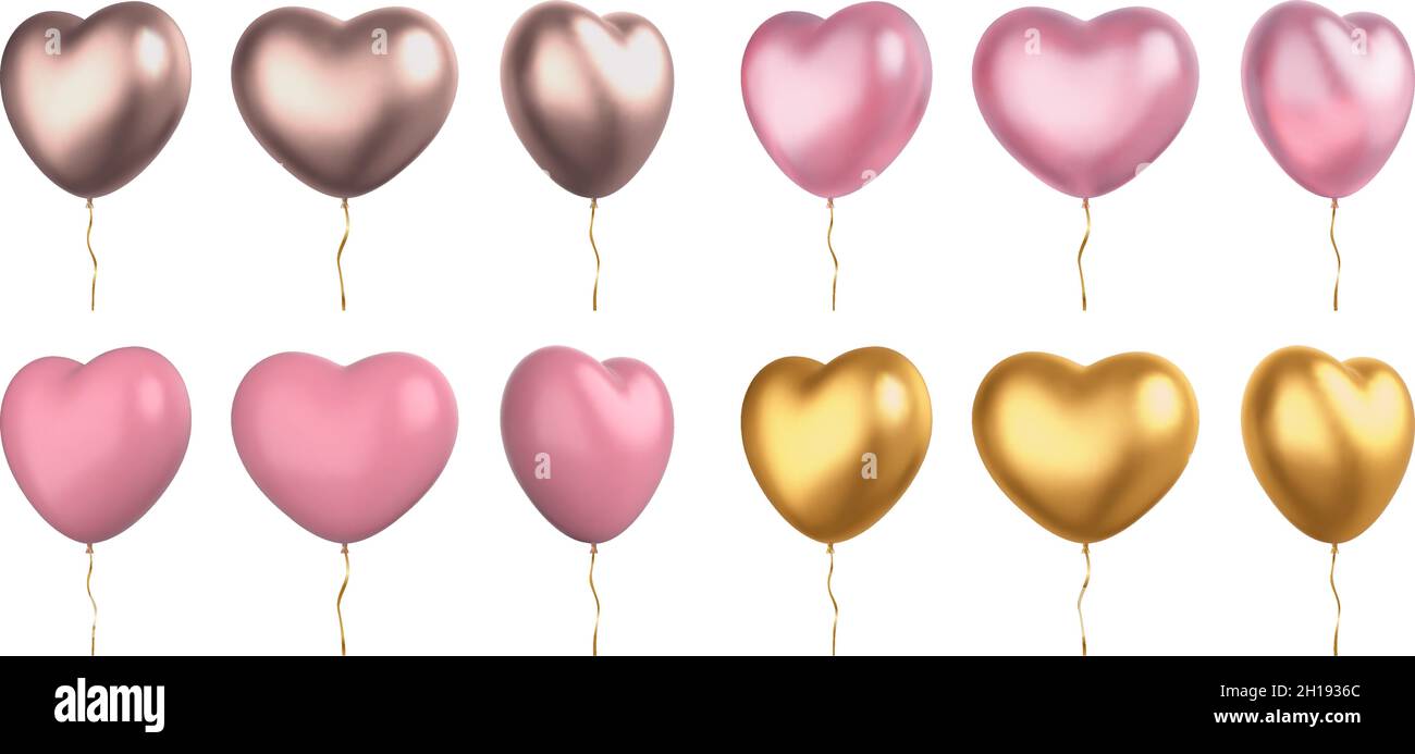 Palloncini 3D a forma di cuore dorato e rosa valentino realistici. Simbolo d'amore decorazione di nozze con nastri. Set di vettori dei cuori dei giorni di San Valentino Illustrazione Vettoriale