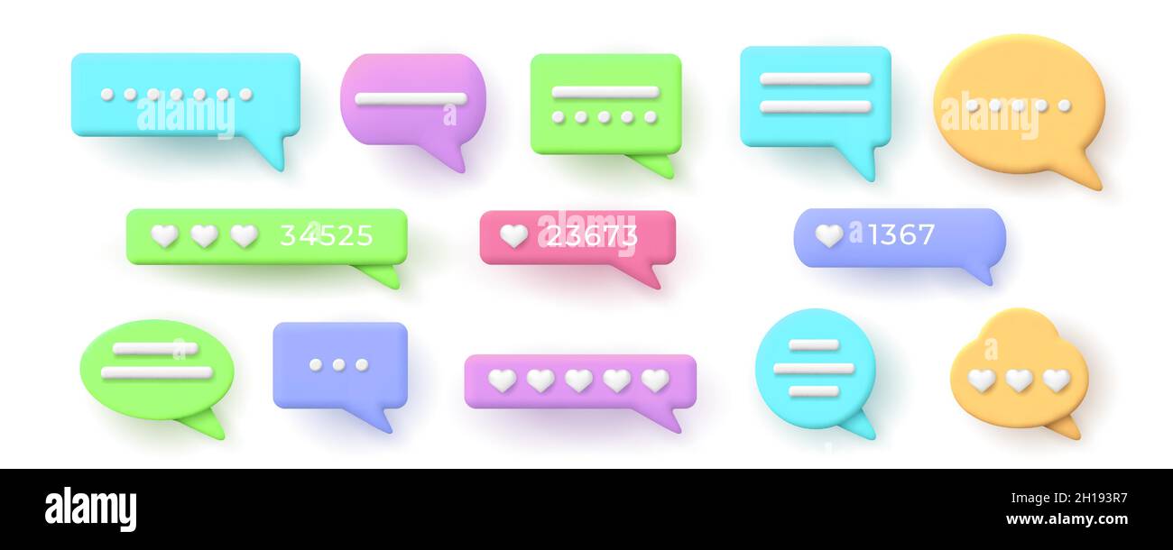 fumetti vocali 3d per messaggi chat e pulsante mi piace. Palloncino con rating del cuore del social network. Vettore frame di notifica conversazione impostato Illustrazione Vettoriale