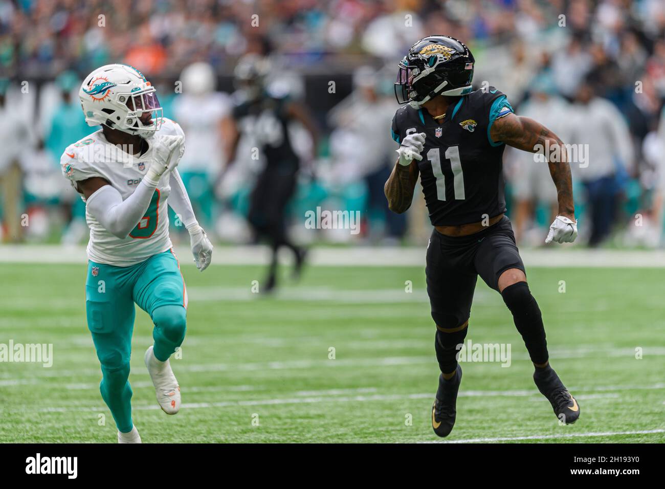 LONDRA, Regno Unito. 17 ottobre 2021. Durante la NFL 2021 London Series - Miami Dolphins vs Jacksonville Jaguars al Tottenham Hotspur Stadium domenica 17 ottobre 2021. LONDRA INGHILTERRA. Credit: Taka Wu/Alamy Live News Foto Stock