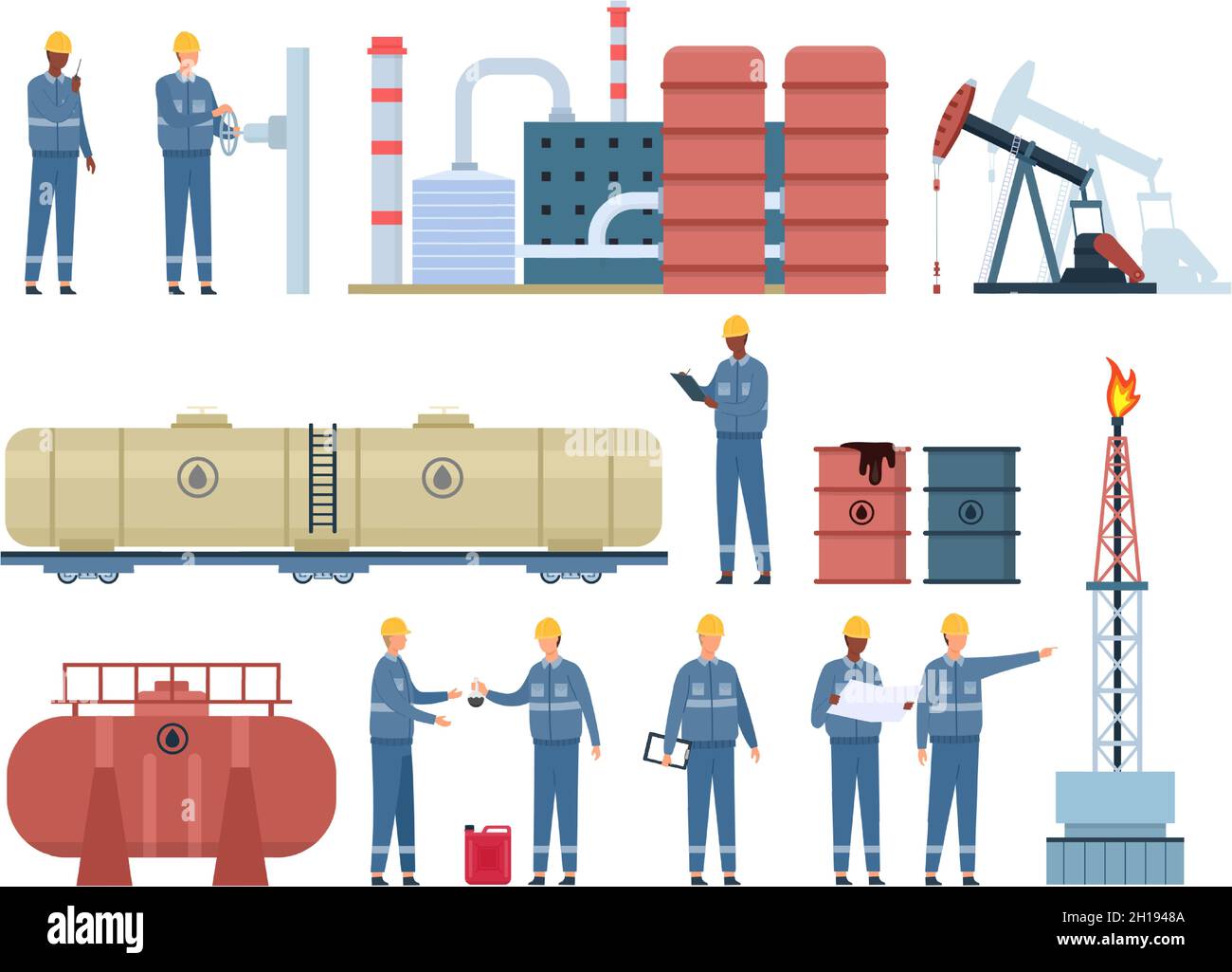 Lavoratori di ingegneria petrolifera piatta ed edifici dell'industria del gas. Carro di petrolio, raffineria, serbatoi di carburante e barili. Set di vettori di ispezione della tubazione dell'olio Illustrazione Vettoriale