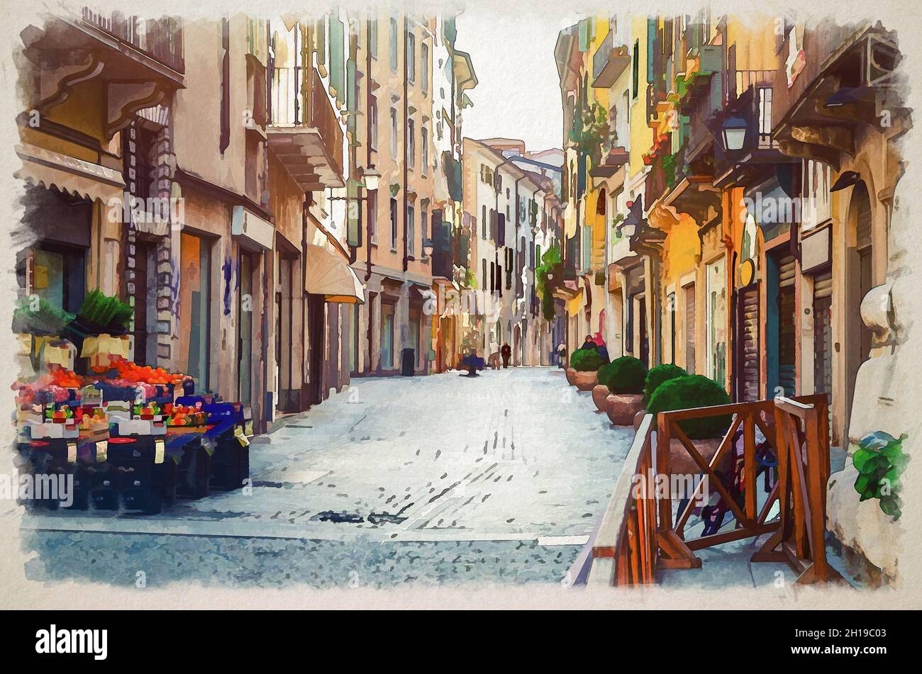 Disegno acquerello di Brescia strada tipica italiana con antichi edifici  tradizionali, strada acciottolata, negozio di frutta e verdura e  passeggiate p Foto stock - Alamy