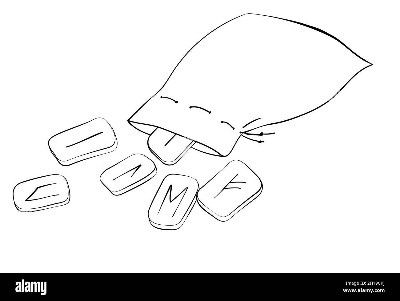Borsa con vecchie rune scandinave norrine per raccontare la fortuna. Antichi simboli di magia occulta. Immagine monocromatica a forma di barretta nera isolata in bianco. Illustrazione Vettoriale