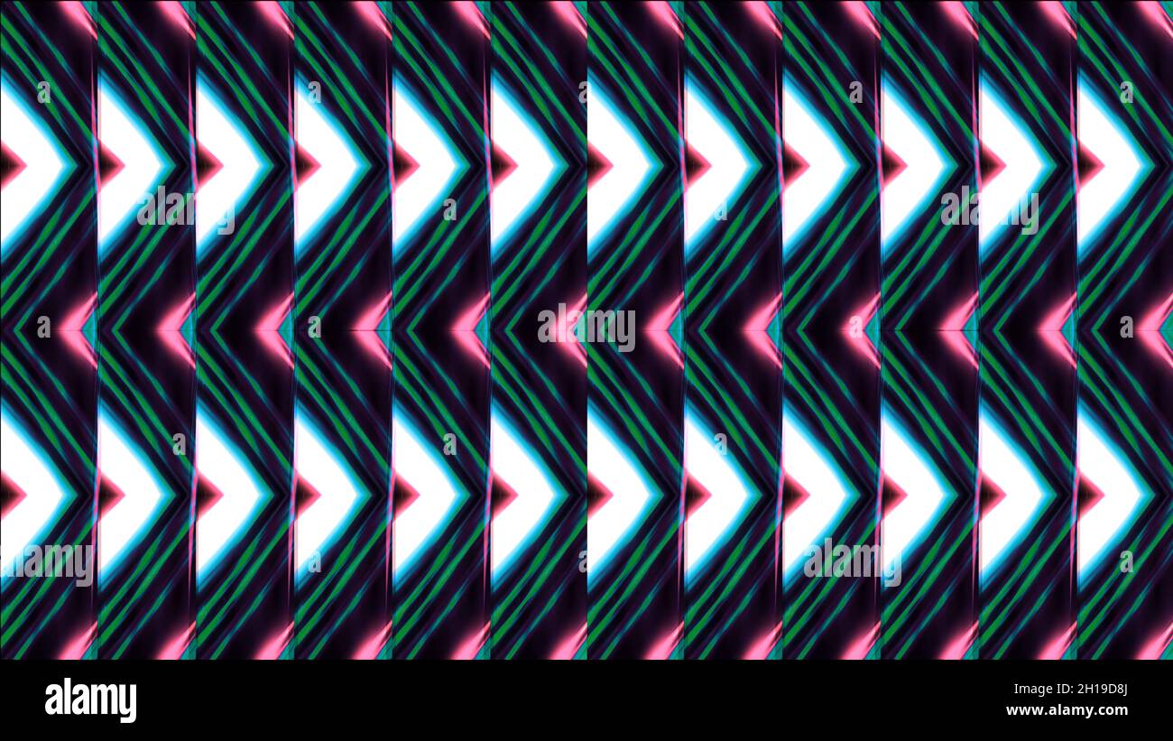 I triangoli luccicanti al neon nel motivo. Moderno. Modello ipnotico ripetitivo di linee triangolari che sfarfallano con luce al neon. Bella patte caleidoscopica Foto Stock
