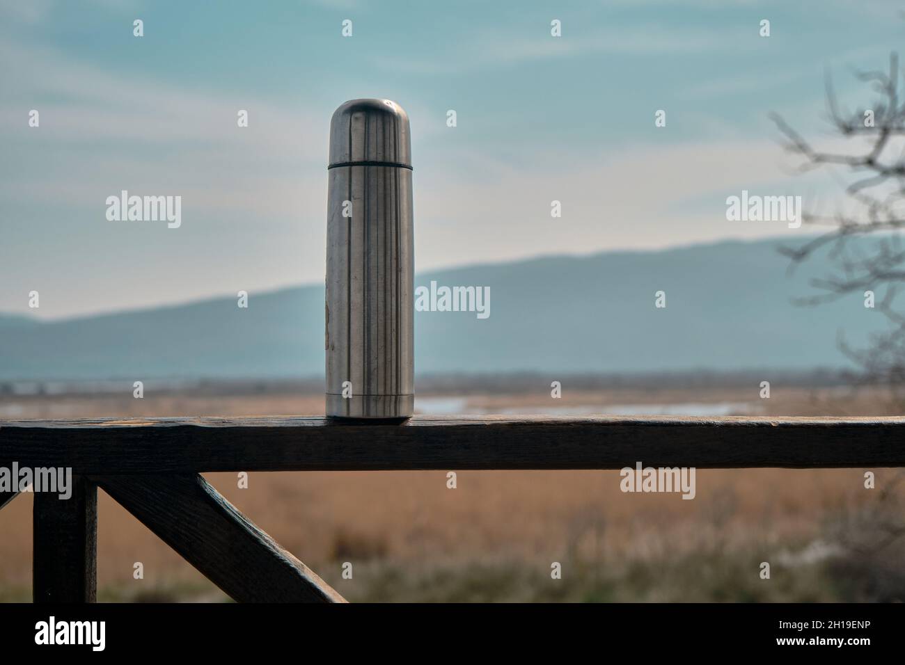 Tazza di caffe e thermos termosigillanti coperchio in acciaio inox macchie su piattaforma in legno scattando foto durante il trekking nella natura selvaggia in foresta . Foto Stock