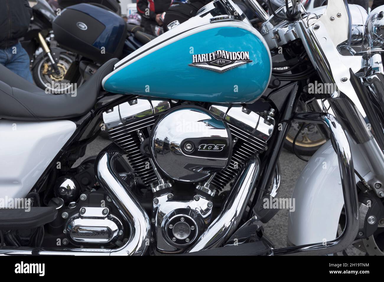 dh Harley Davidson 103 MOTOCICLETTA UK motociclette serbatoio benzina con logo motocicli motore moto primo piano Foto Stock