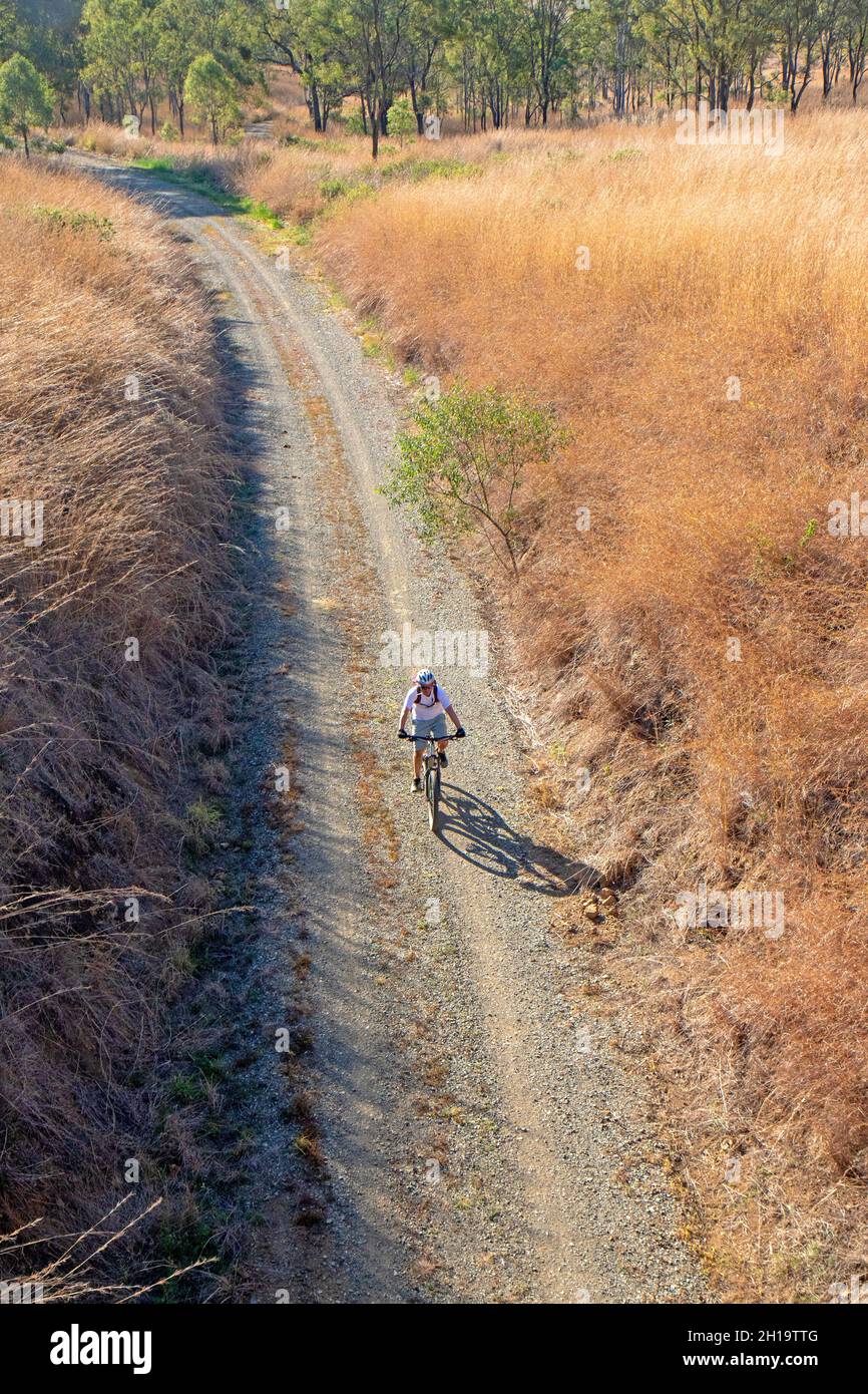 Ciclista sul Brisbane Valley Rail Trail Foto Stock