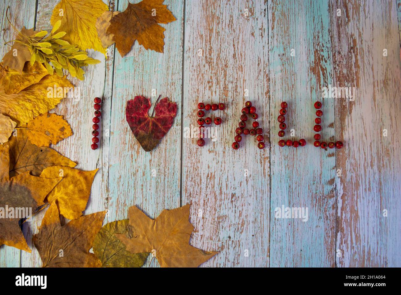 L'iscrizione "i love fall" su un tavolo di legno blu decorato con foglie di giallo autunno Foto Stock