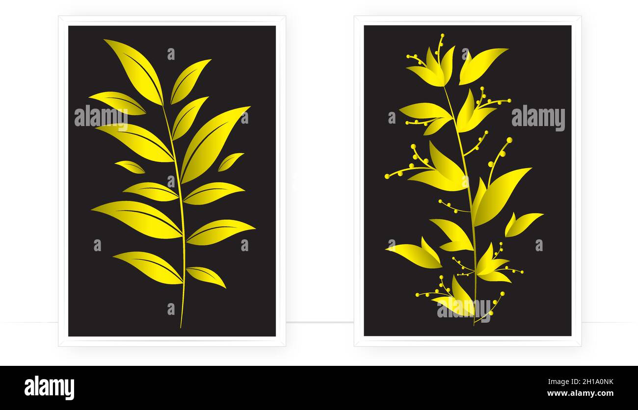 Silhouette di pianta dorata isolata su sfondo nero, vettoriale. Design minimalista a baldacchino in due pezzi. Arte da parete, opere d'arte. Illustrazione del fiore d'oro Illustrazione Vettoriale