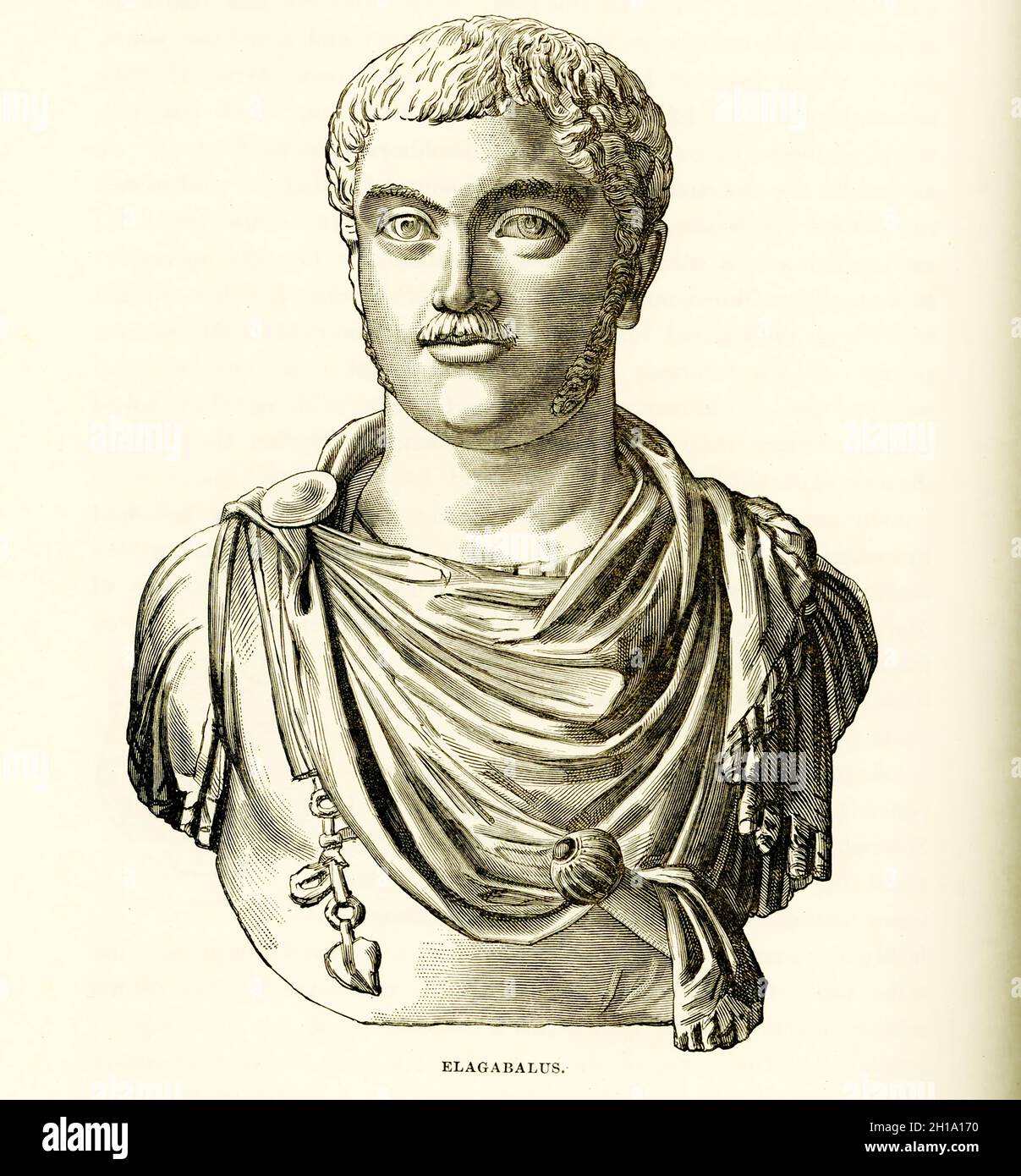 Questo disegno del 1884 è di un busto di Elagabalo che è casa nel museo Capitolino di Roma. Elagabalo, noto anche come Elio-Abalo, fu imperatore romano dal 218 al 222. Membro della dinastia Severana, era siriano, il secondo figlio di Julia Soaemias e Sextus Varius Marcellus. Nella sua giovane età servì il dio Elagabalus come sacerdote ad Emesa, una città dell'odierna Siria occidentale. Foto Stock