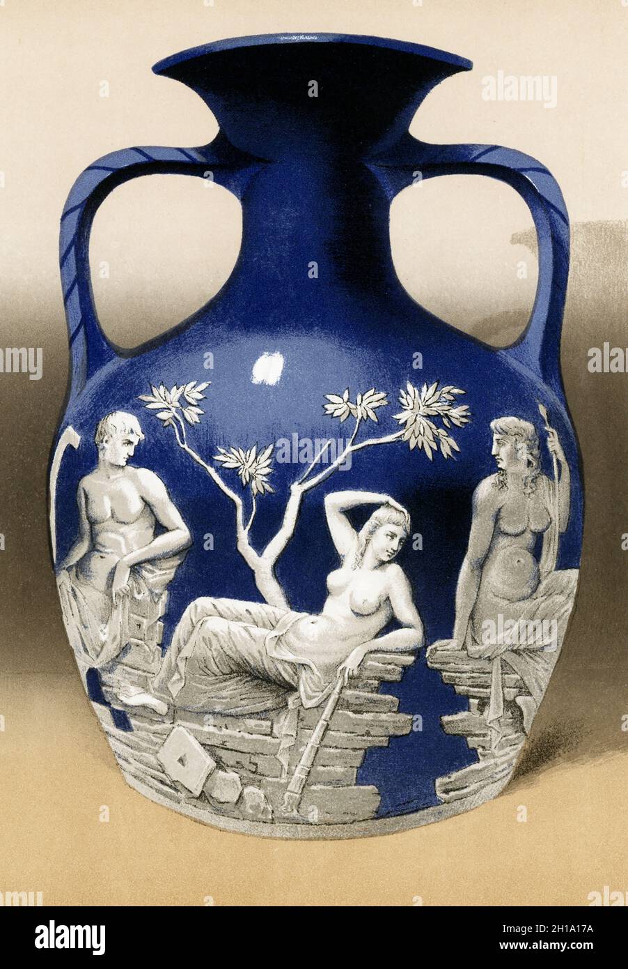 La didascalia del 1884 recita: Portland Vase trovato in sarcofago di Alexander Severus. Il Portland Vase è un vaso di vetro cameo romano, che è datato tra d.C. 1 e d.C. 25, anche se le basse date BC hanno un certo sostegno studioso. E' il pezzo di vetro cameo romano più conosciuto e ha servito da ispirazione a molti produttori di vetro e porcellana a partire dall'inizio del XVIII secolo. Alessandro Severus fu imperatore romano dal 222 al 235 d.C. Foto Stock