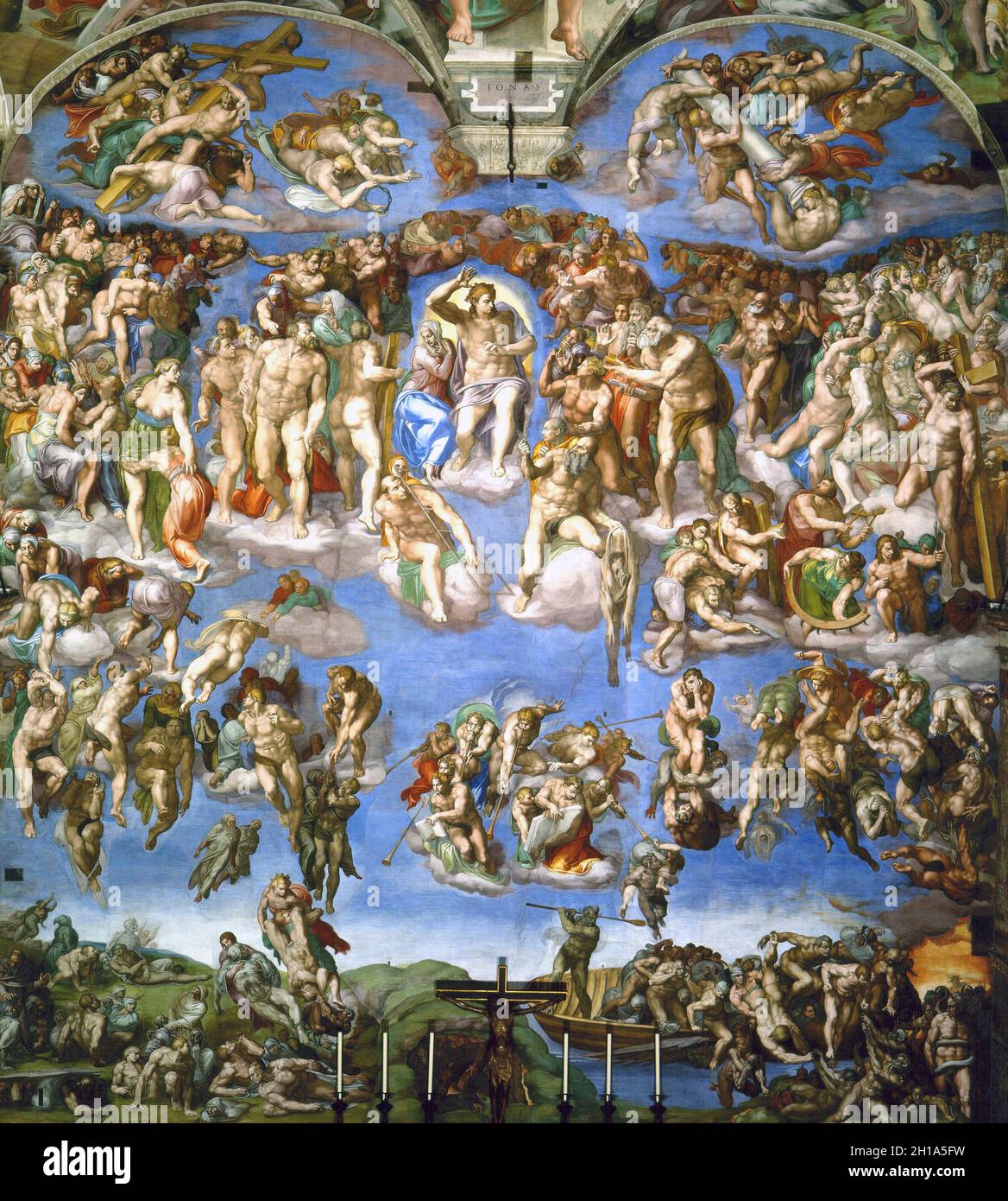 Il Giudizio universale di Michelangelo, che occupa la parete dell'altare della Cappella Sistina in Vaticano Foto Stock