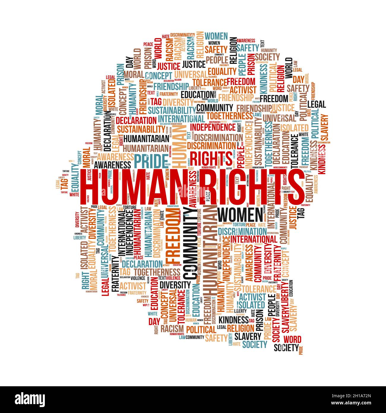 Concetto di nuvola di parole per i diritti umani con il simbolo della testa umana. Illustrazione Vettoriale