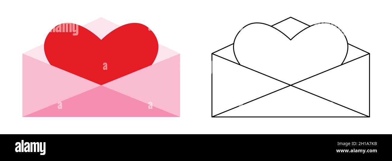 Buste aperto realistico romantico felice San Valentino simmetrico con linea cardiaca lettera posta set isolato su sfondo bianco. Stile piatto. Icona Mail per web design e stampa. Illustrazione vettoriale Illustrazione Vettoriale