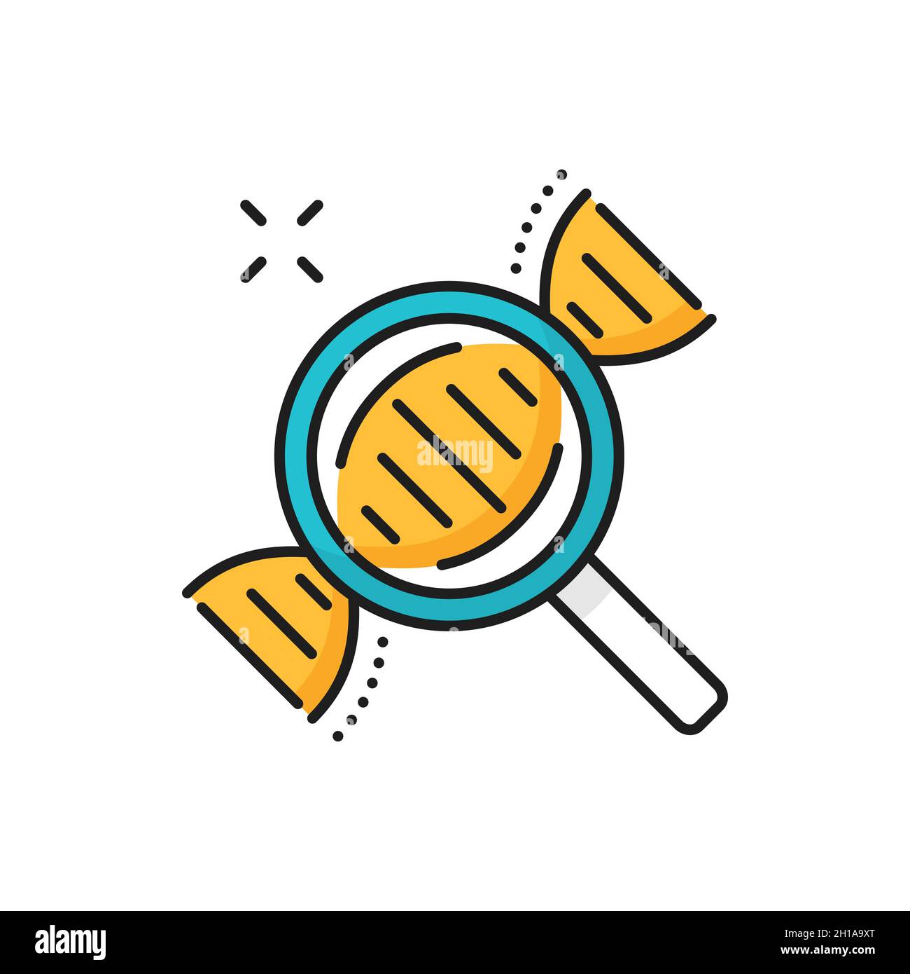 Ingrandimento della molecola genetica, icona con lente di ingrandimento con linea isolata. Ricerca di chimica vettoriale mediante loupe, esplorazione e scoperta del genoma. Genetica m Illustrazione Vettoriale