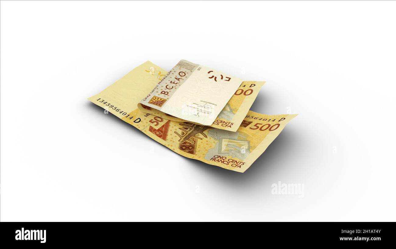 Rendering 3D di Double 500 CFA Franc note con ombre su sfondo bianco Foto Stock