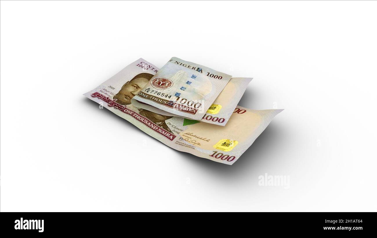 Rendering 3D di Double 1000 naira naira note nigeriane con ombre Foto Stock