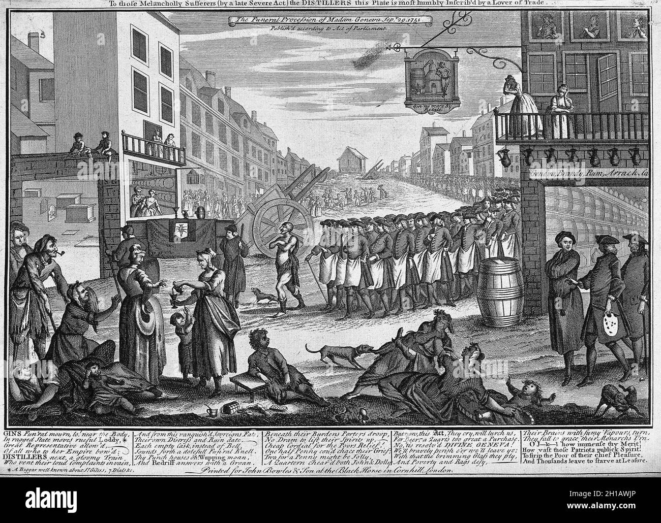 Incisione di una processione di pubblicani e di un mendicante che segue la bara di Signora Ginevra; attacca la legge impedendo ai distillatori di vendere o vendere il gin a locali non autorizzati. 1751. Foto Stock