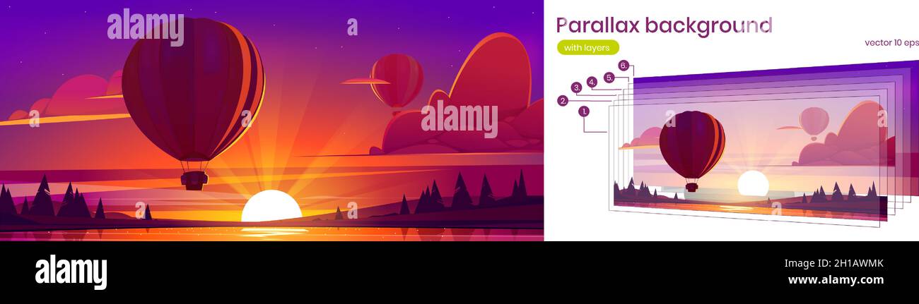 Scena naturale con volo in mongolfiera, lago e foresta di conifere sulla costa al tramonto. Vettore parallasse sfondo per animazione 2d con cartoni animati con basket volare sul fiume in serata Illustrazione Vettoriale