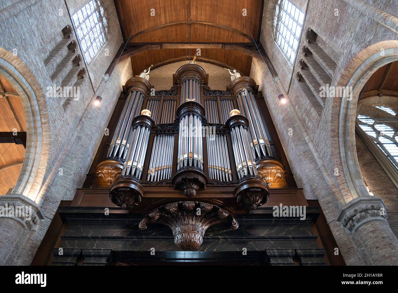 L'organo a tubo del 'Nieuwe Kerk' di Delft ha più di 3000 tubi ed è ancora utilizzato ogni domenica per accompagnare il canto congregazionale Foto Stock