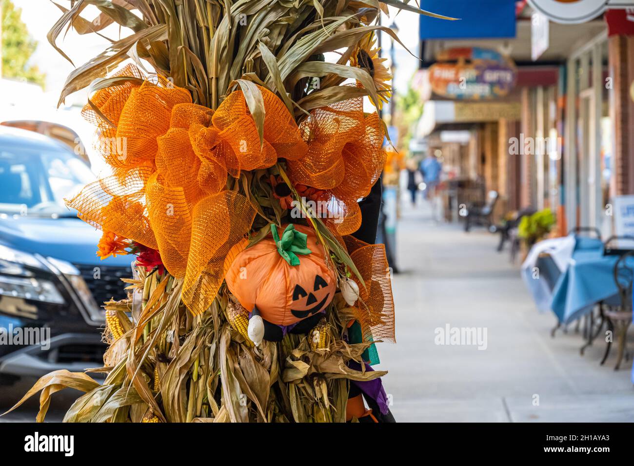 Decorazioni autunnali lungo East Main Street nella città di montagna di Franklin, Carolina del Nord. (USA) Foto Stock