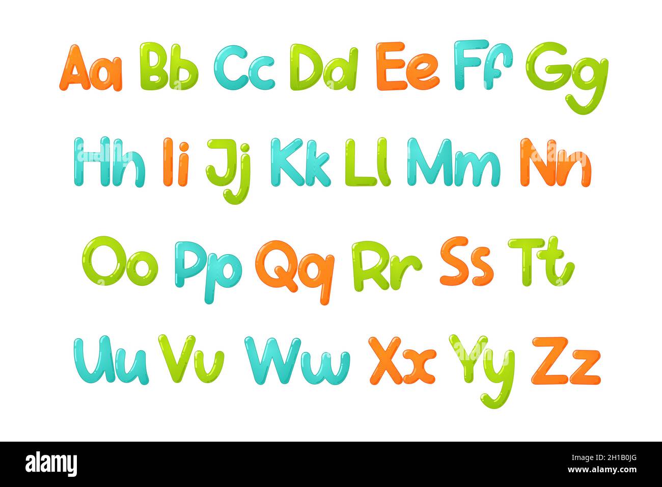 Carattere colorato per bambini. Alfabeto lucido per bambini in stile cartone animato. Tipografia vettoriale per la progettazione di scuole, prescolare e asilo. Illustrazione Vettoriale