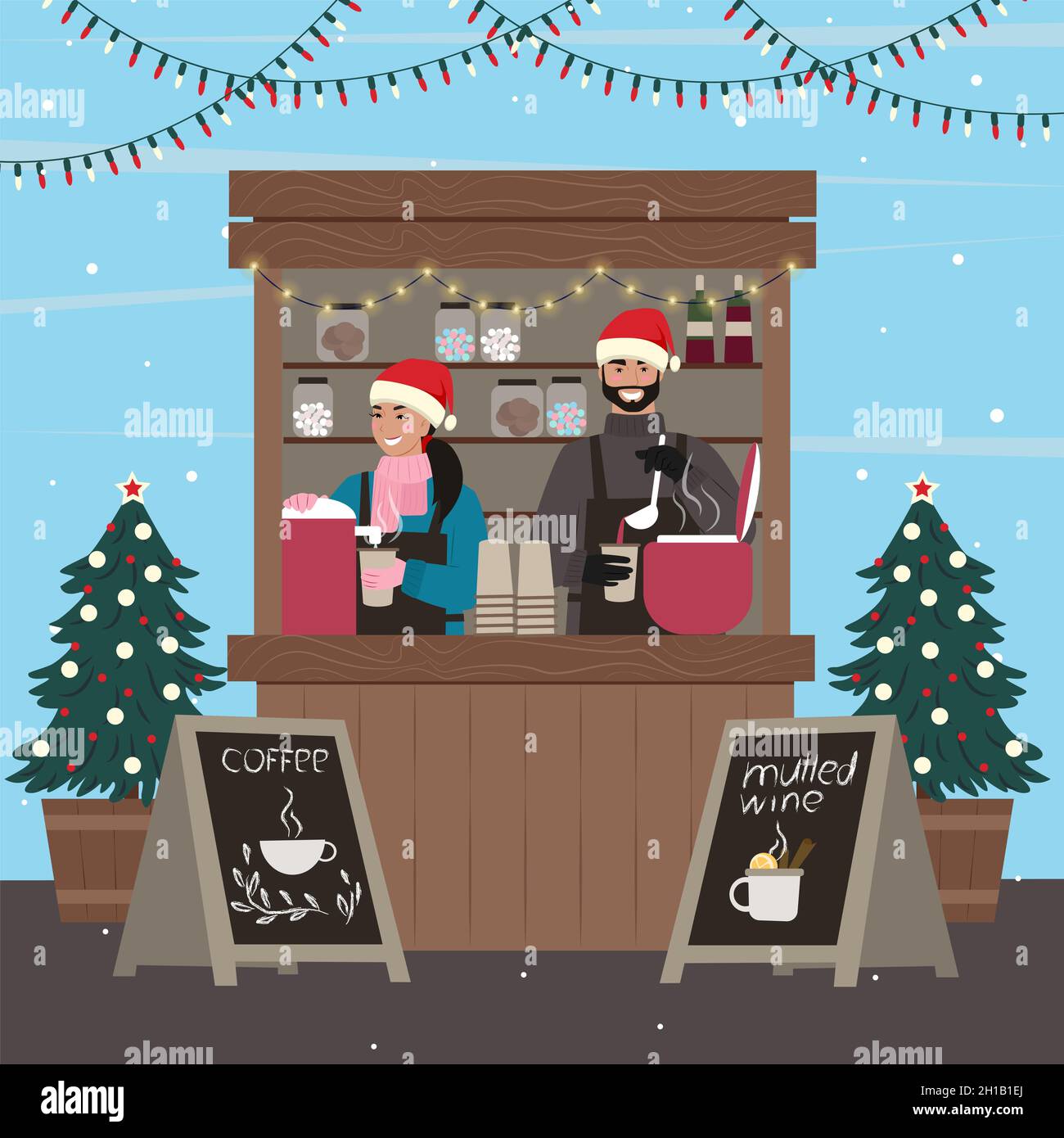 Bancarelle di Natale. Donna e uomo che vendono caffè e VIN brulé al chiosk.Vector illustrazione Illustrazione Vettoriale