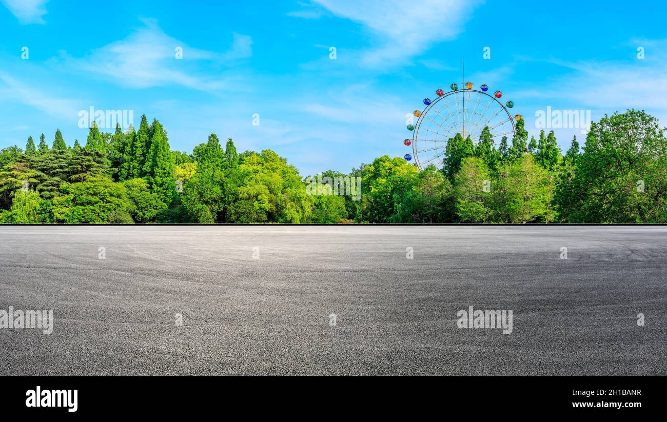 Terreno asfaltato e ruota di ferro con paesaggio forestale verde. Foto Stock