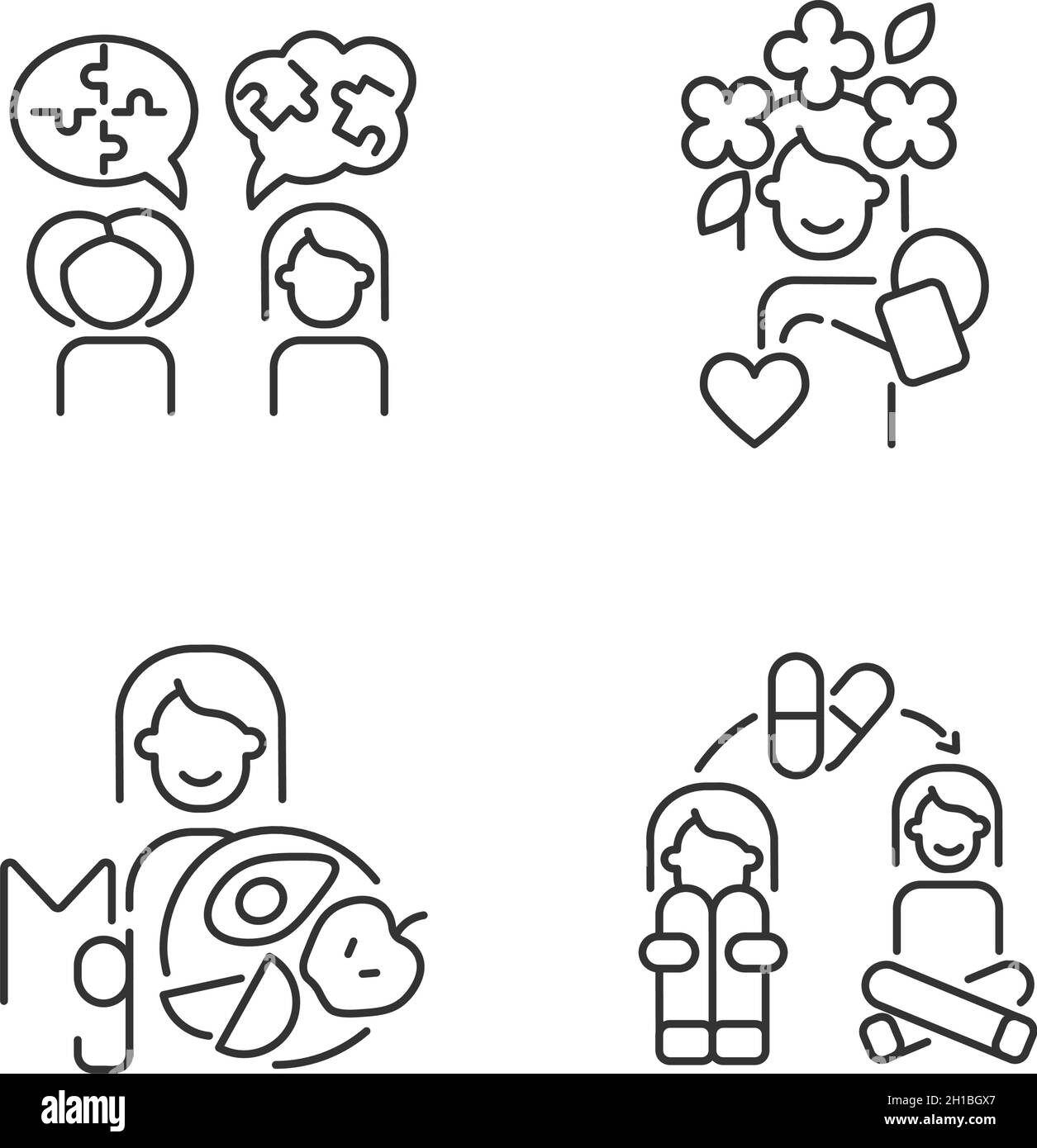 Disturbi mentali trattamento icone lineari impostato Illustrazione Vettoriale