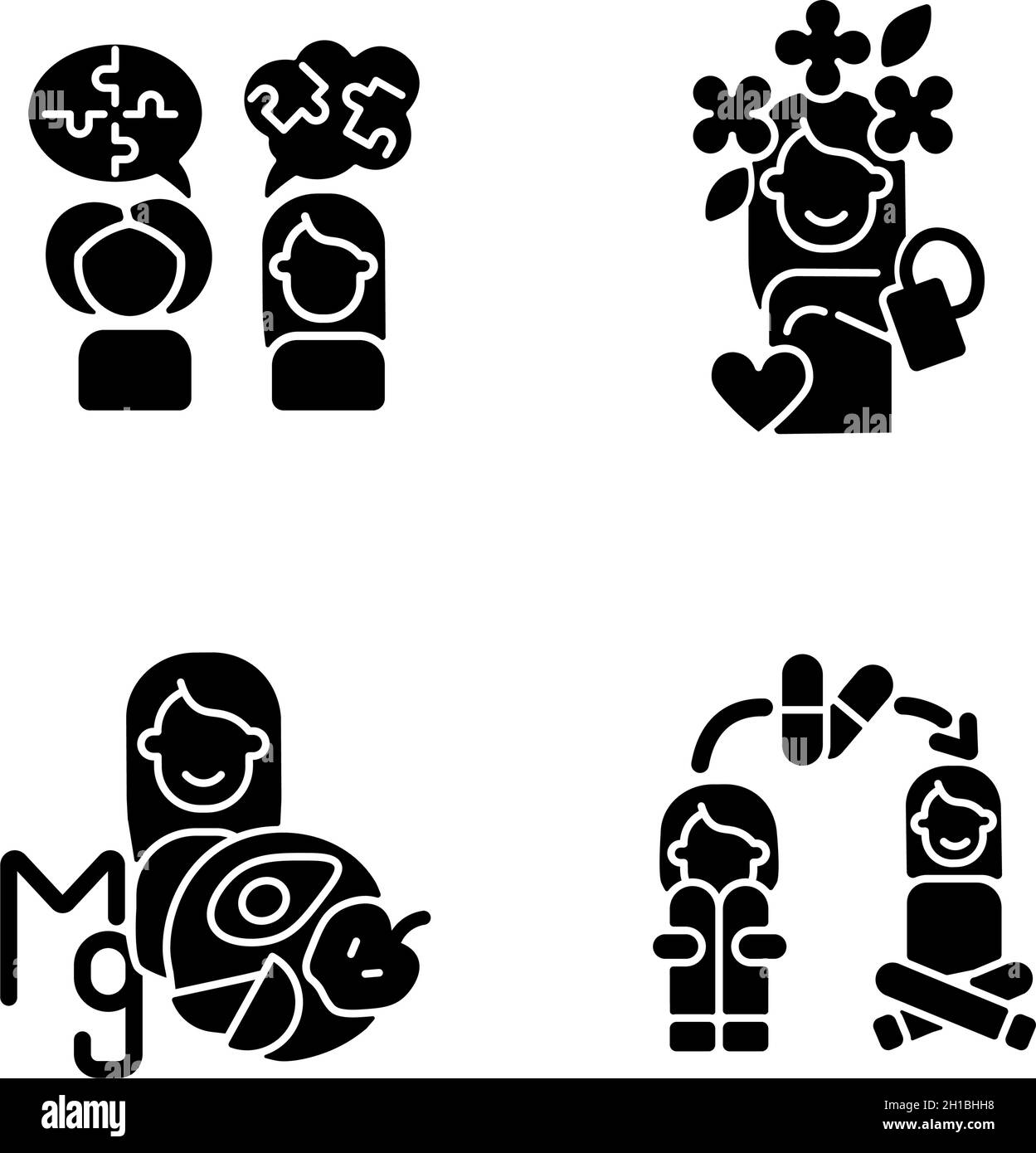 Disturbi mentali trattamento icone glyph nero impostato su spazio bianco Illustrazione Vettoriale