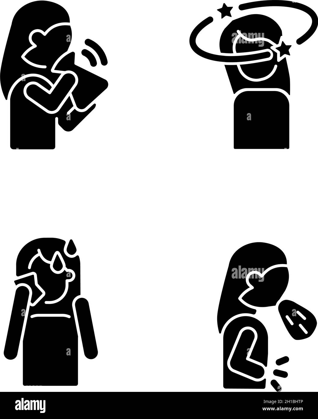 Sintomi disturbo di panico icone glifo nero impostato sullo spazio bianco Illustrazione Vettoriale