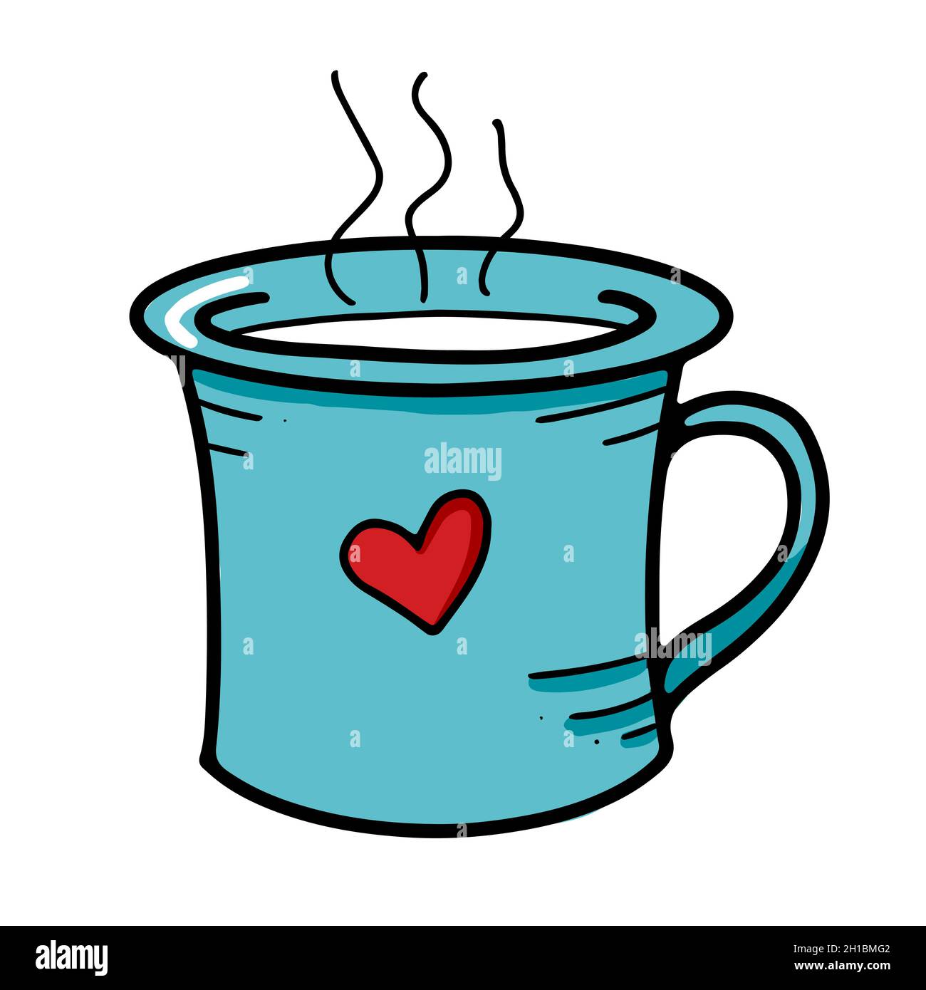 Carino tazza blu con cuore disegnato e bevanda calda Illustrazione Vettoriale