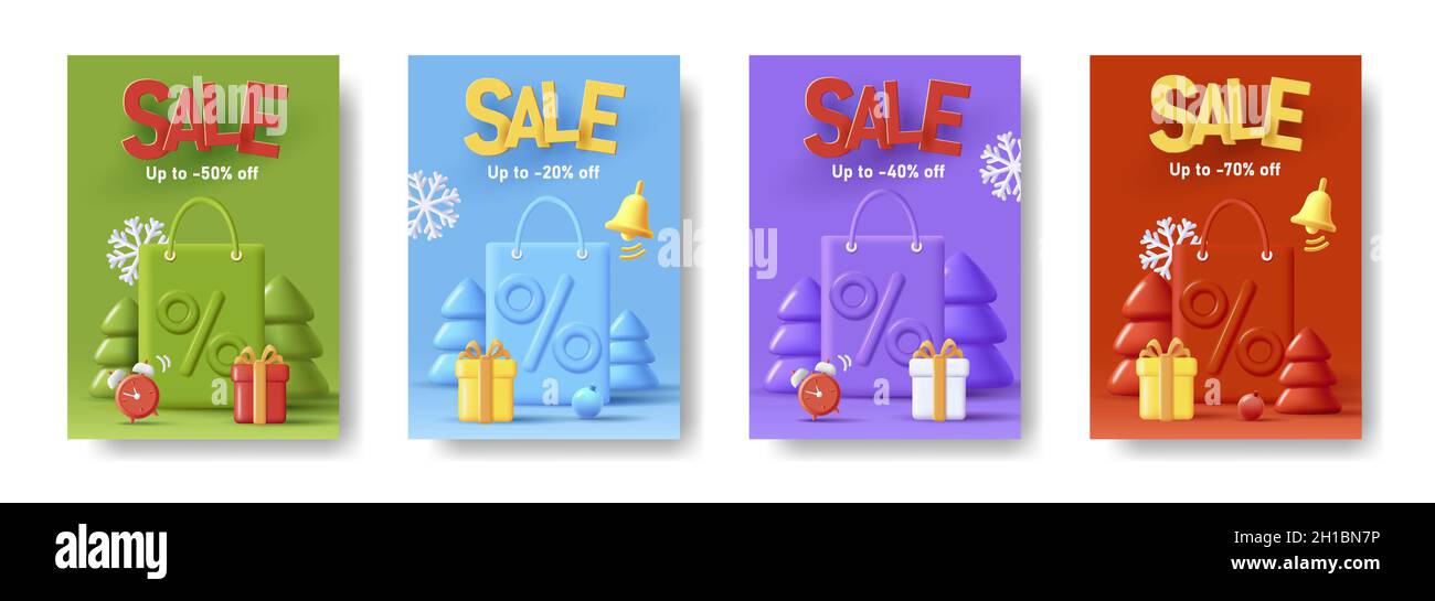 Set di volantini in vendita con illustrazione 3d di una grande borsa per lo shopping tra alberi di Natale e regali, elegante grafica monocromatica Illustrazione Vettoriale