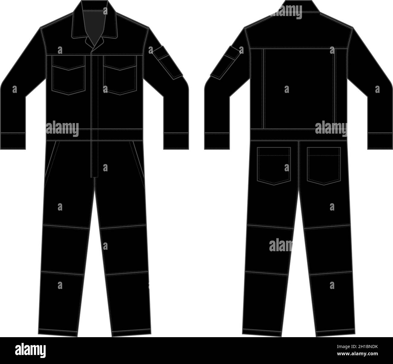 Tute da lavoro a maniche lunghe ( Jumpsuit, Boilersuit ) modello illustrazione vettoriale | nero Illustrazione Vettoriale