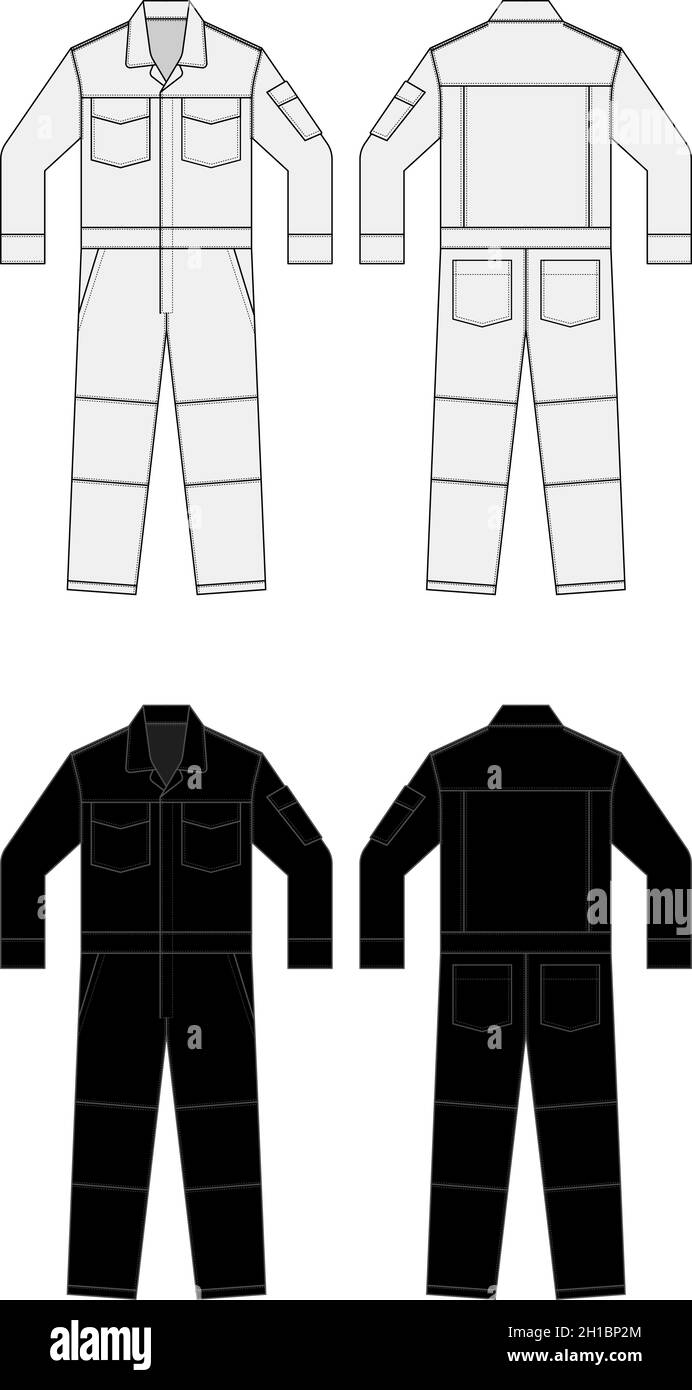 Tute da lavoro a maniche lunghe ( Jumpsuit, Boilersuit ) set di illustrazioni vettoriali Illustrazione Vettoriale