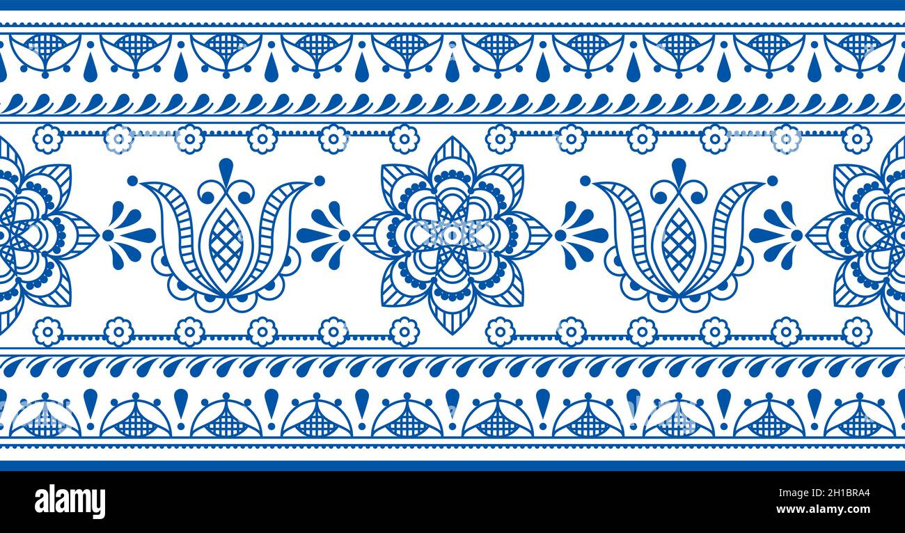Floreale scandinavo arte popolare contorno vettore senza cuciture lungo motivo con tulipani e bordo, orizzontale decorativo tessuto o stampa tessuto con fl Illustrazione Vettoriale