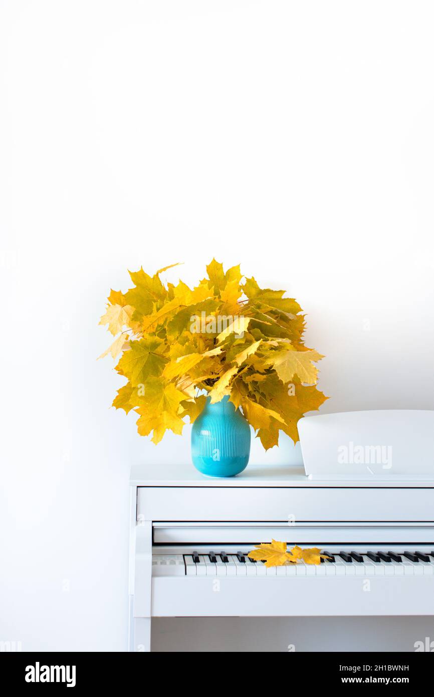 L'acero lascia al pianoforte in un vaso blu. Il concetto di autunno. Vista frontale. Russia. Chekhov. Foto Stock