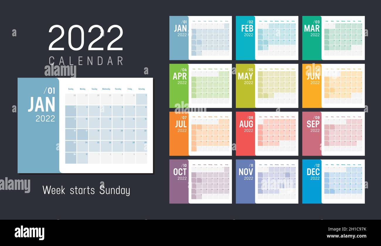 Anno 2022 calendario mensile minimalista colorato su sfondo nero. La settimana inizia domenica. Modello vettoriale. Illustrazione Vettoriale