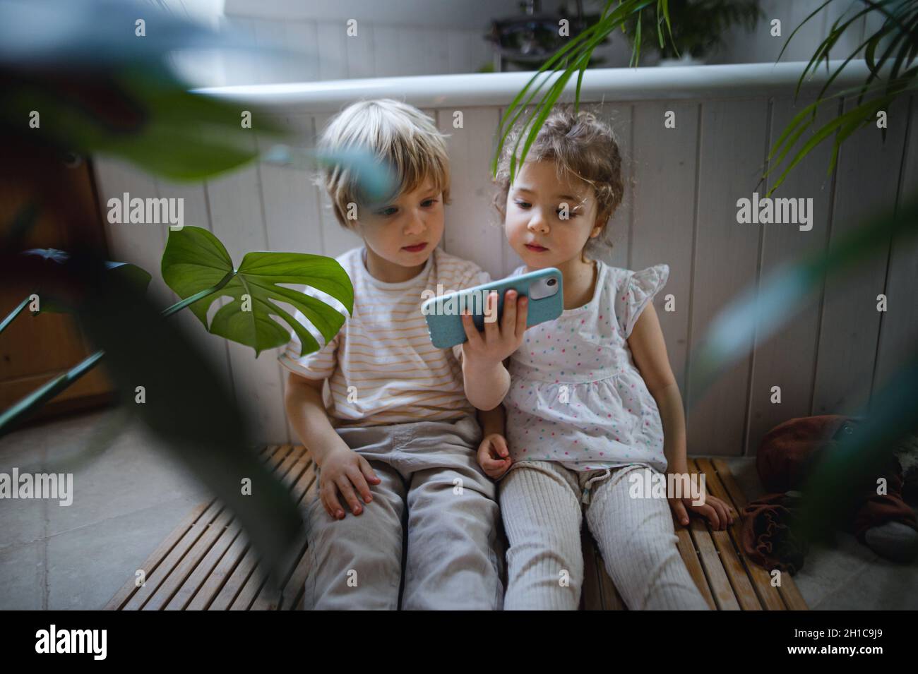 Bambini piccoli e carini seduti sul pavimento in bagno, utilizzando lo smartphone. Foto Stock