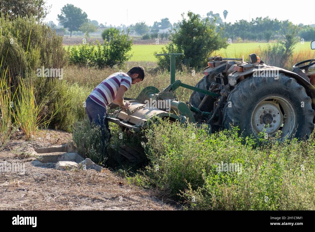 giovane agricoltore che prepara gli attrezzi agricoli per iniziare la coltivazione del frutteto. Foto Stock